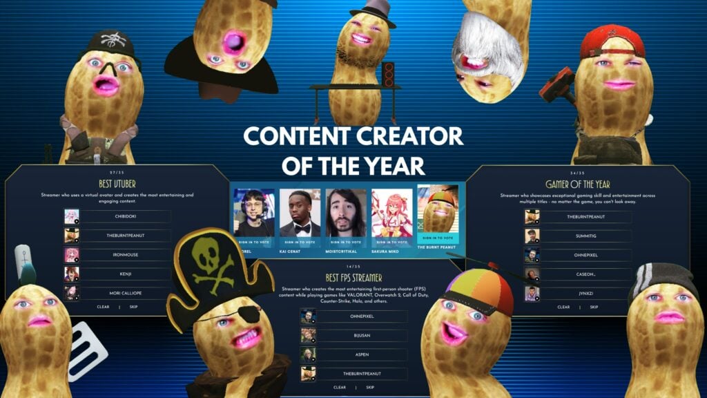 Artwork featuring TheBurntPeanut's nominations at The Streamer Awards 2025.