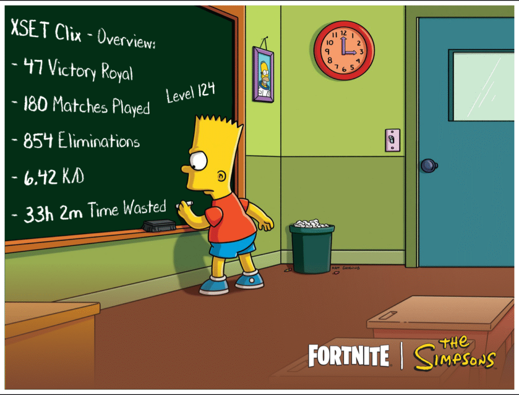 Bart Simpson writes XSET Clix's Fortnite Wrapped on the chalkboard