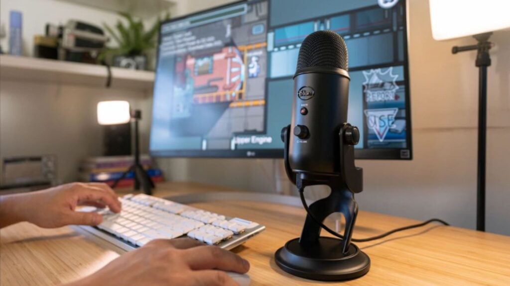 Logitech's yeti blue USB microphone sitting on a desk as someone plays Among Us