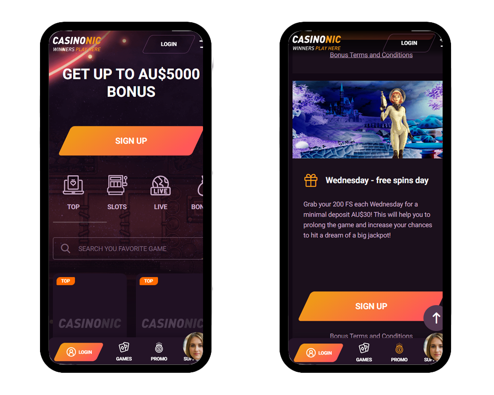 A detailed screenshot of the Casinonic app interface on a mobile device, showing game lobby, navigation menu, and active bonus banner.