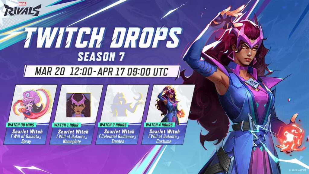 Picture showing Marvel Rivals Season 7 Twitch Drop Scarlet Witch Will of Galacta skin.