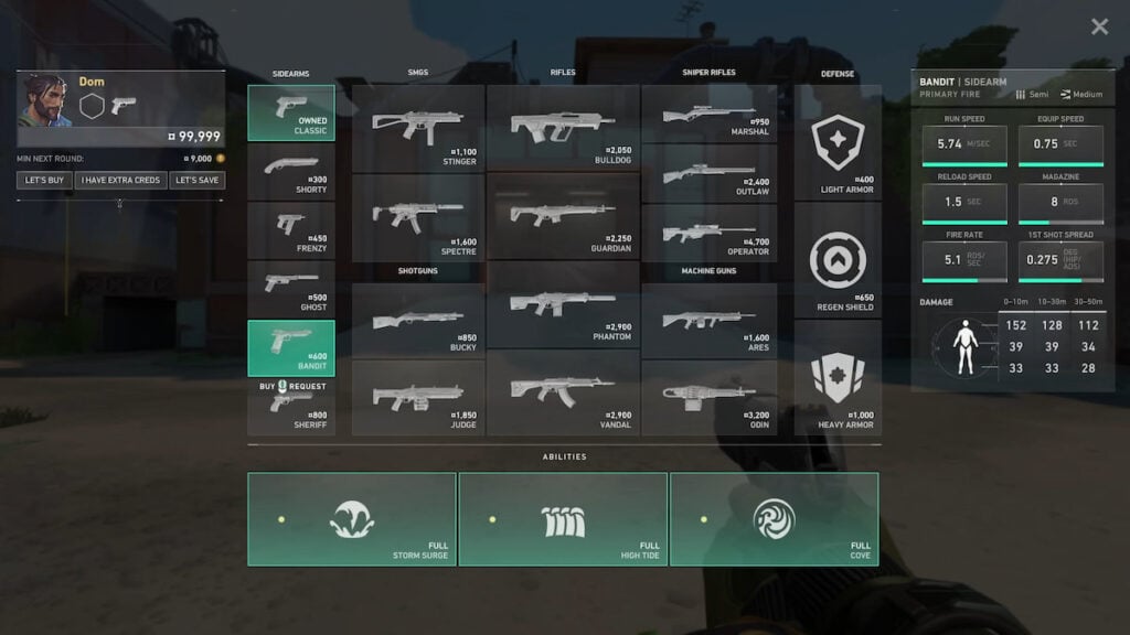 Bandit sidearm in VALORANT purchase menu