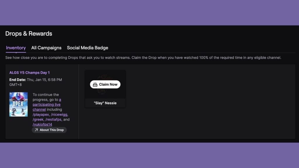 ALGS Year 5 Champs Twitch drops shown in Twitch inventory