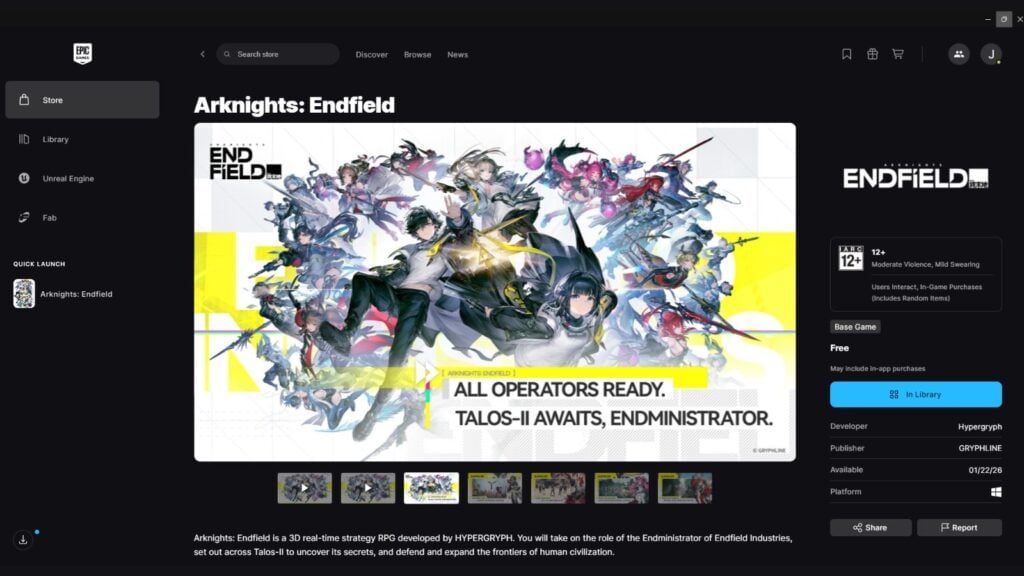 Screenshot of Arknights Endfield on Epic Games Store Library