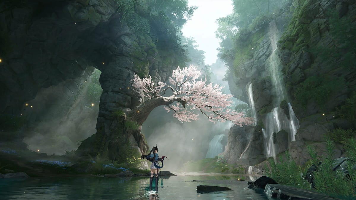 Chen standing near a waterfall in Arknights