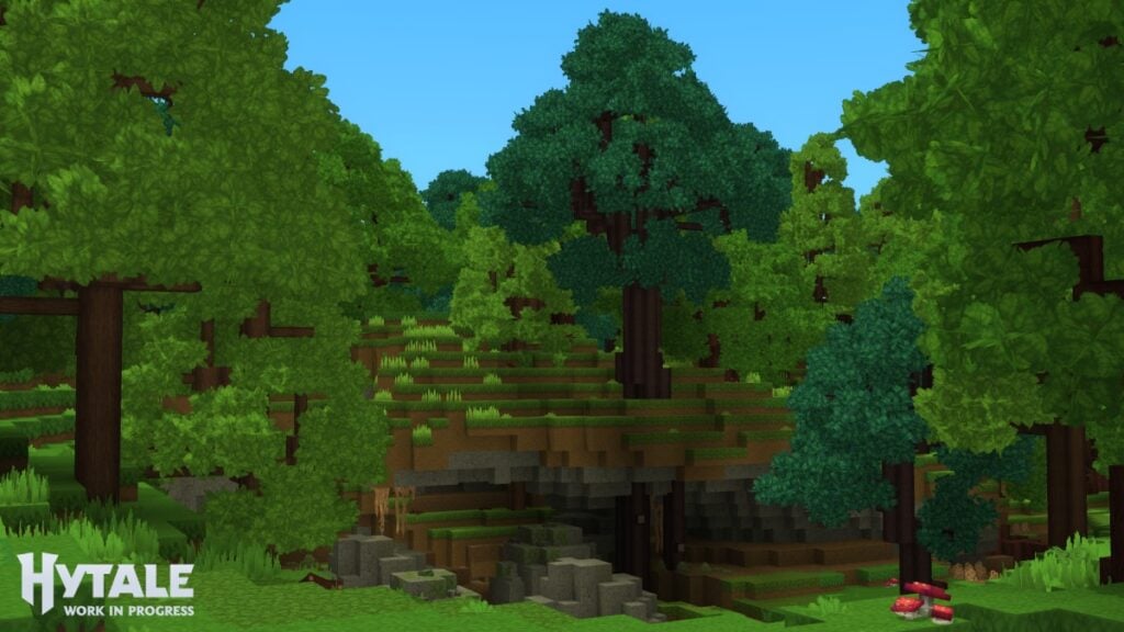 A tree with dark leaves and large roots only spawns above caves in Hytale