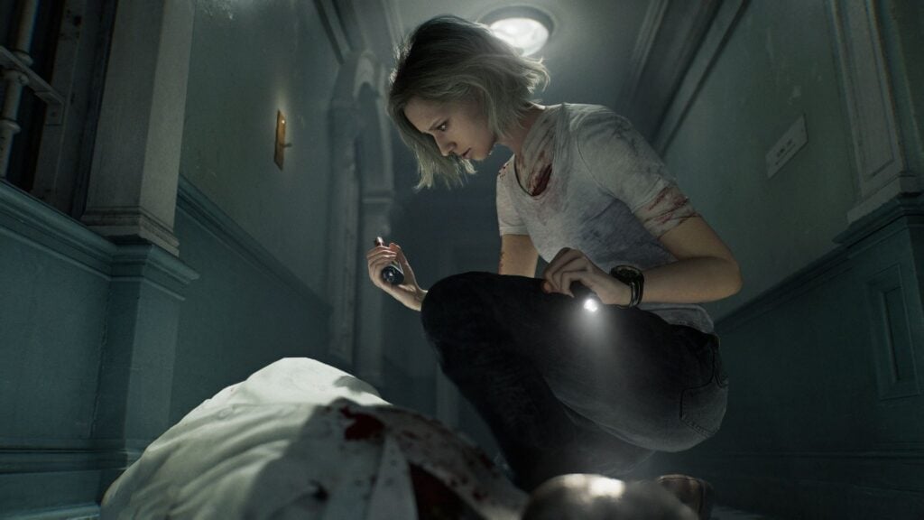 Grace Ashcroft in Resident Evil 9 Requiem collecting blood from a zombie