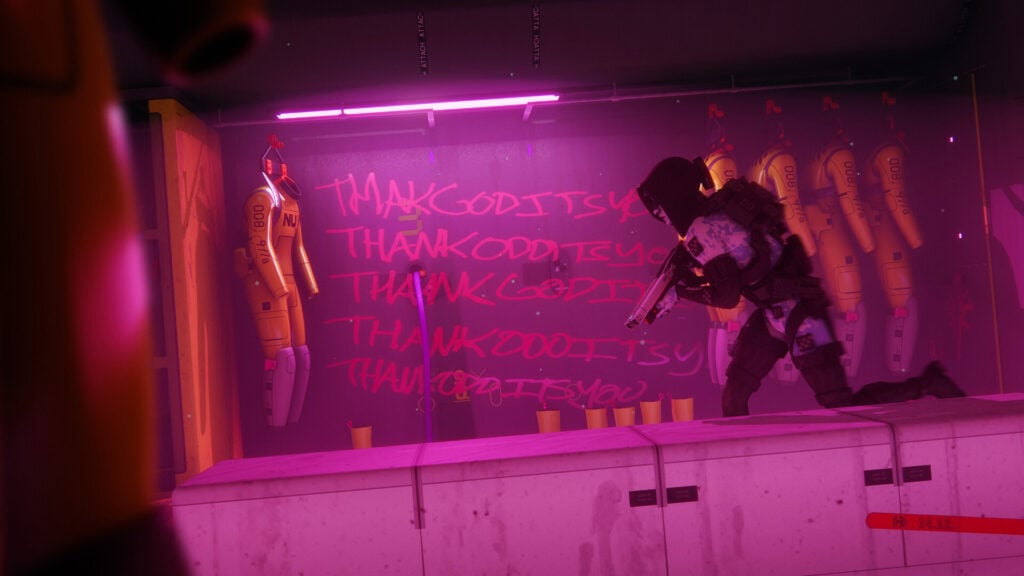 A Runner in a pink room with graffiti on the wall