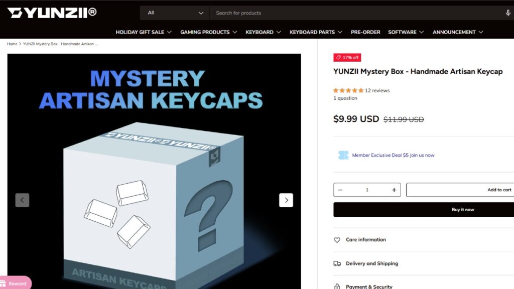 a YUNZII mystery artisan keycaps box