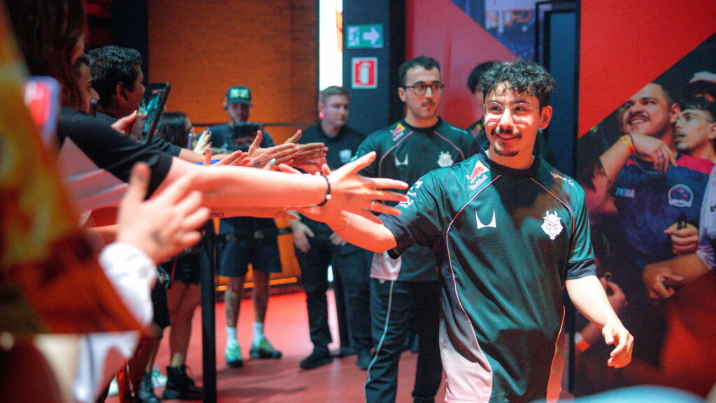 BrokenBlade of G2 Esports is seen with the crowd at First Stand Tournament Group Stage Day 1 on March 16, 2026 at the Riot Games Arena in São Paulo, Brazil.