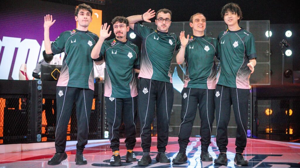 G2 Esports are seen on stage after their victory at First Stand Tournament Group Stage Day 1 on March 16, 2026 at the Riot Games Arena in São Paulo, Brazil.