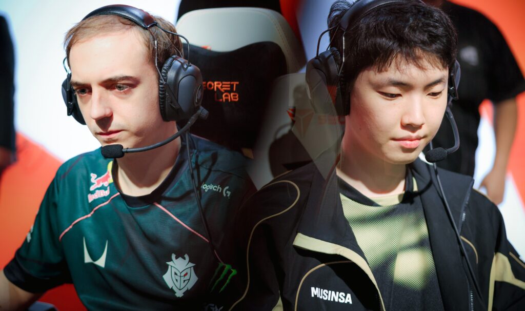 Caps (L) of G2 Esports and Chovy of Gen.G are seen onstage at First Stand Tournament Knockout Stage on March 21, 2026 at the Riot Games Arena in São Paulo, Brazil.