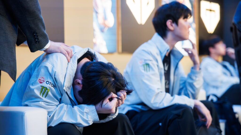 Duro and Chovy of Gen.G Esports reacts back stage after their loss at League of Legends Worlds 2025 Semifinal Stage on November 01, 2025 in Shanghai, China.