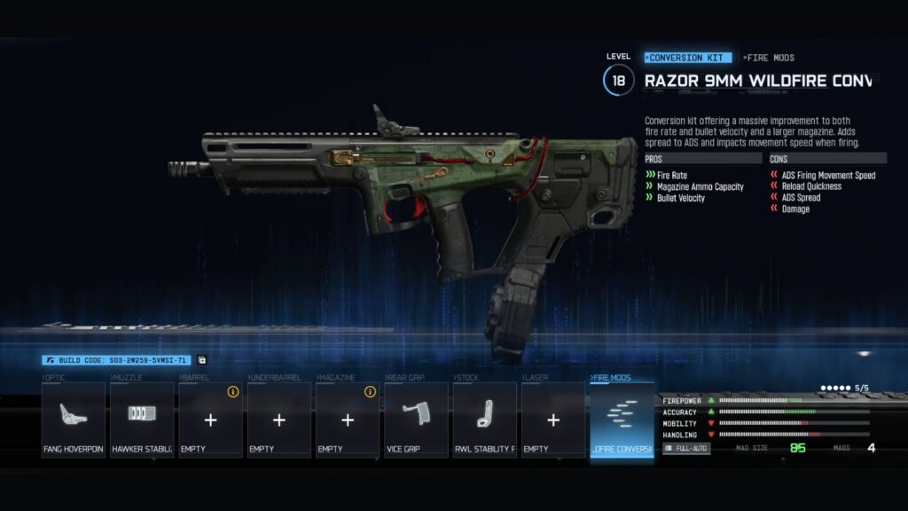 Best Razor 9mm loadout attachments in Warzone, featuring the Wildfire Conversion